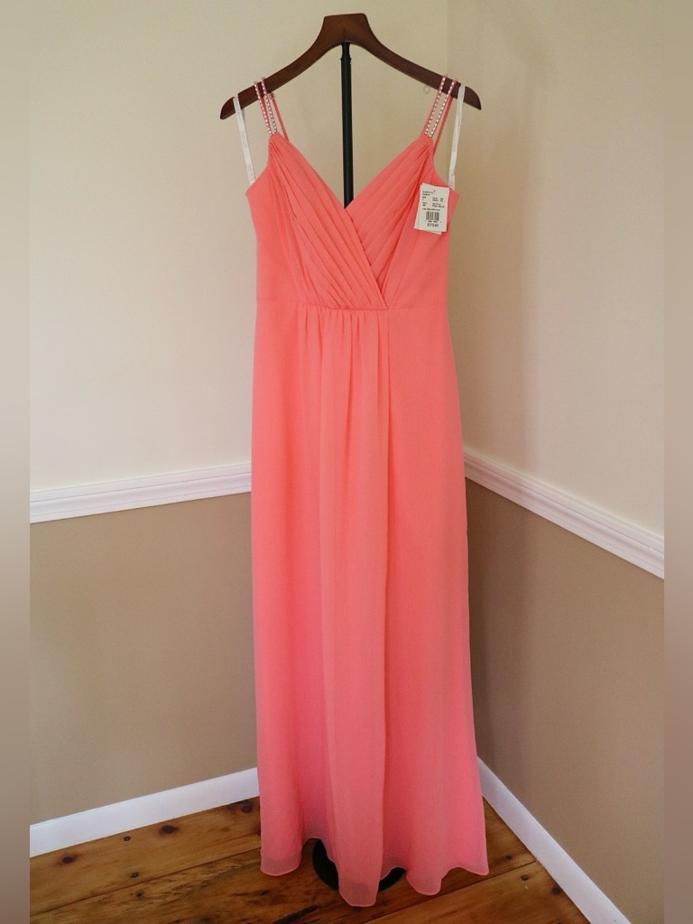 David's Bridal Coral Chiffon Evening Gown with Beaded Straps